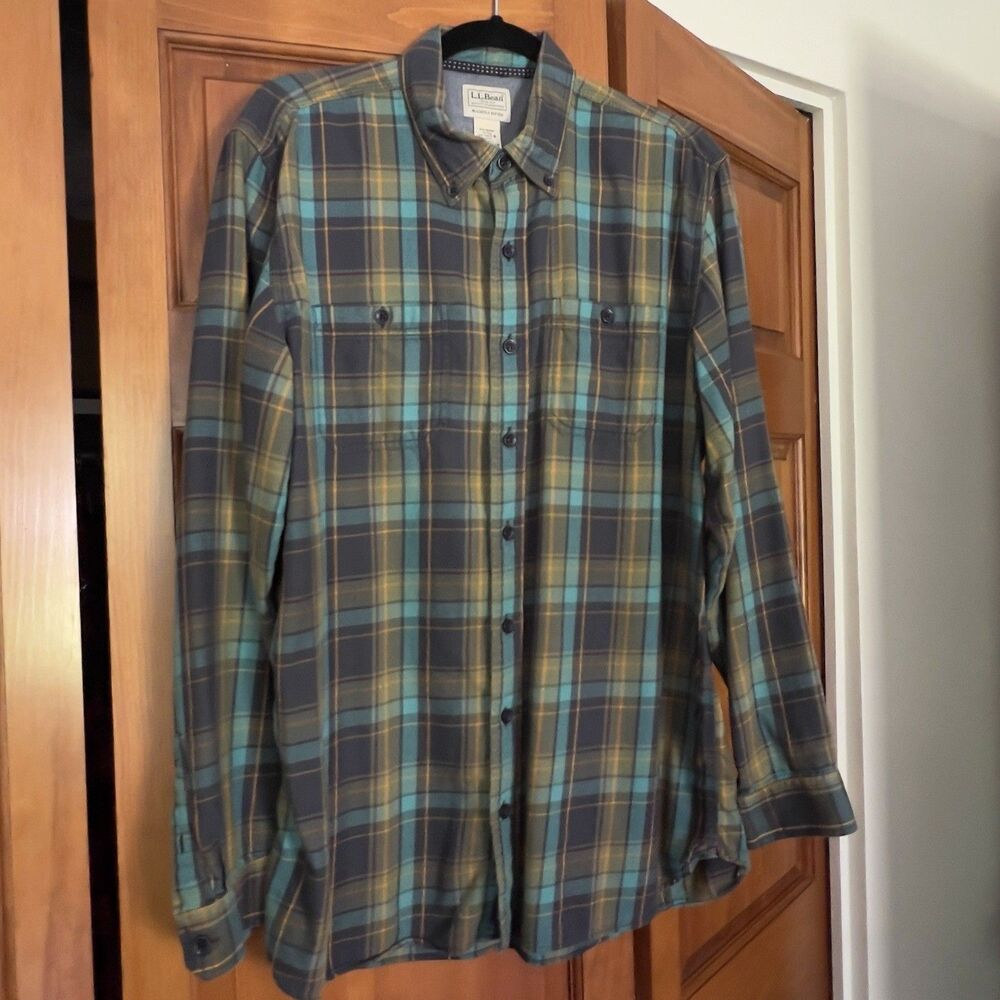L.L. Bean Slightly Fitted Teal Green Gold Plaid Flannel Shirt Mens L-Tall Soft
